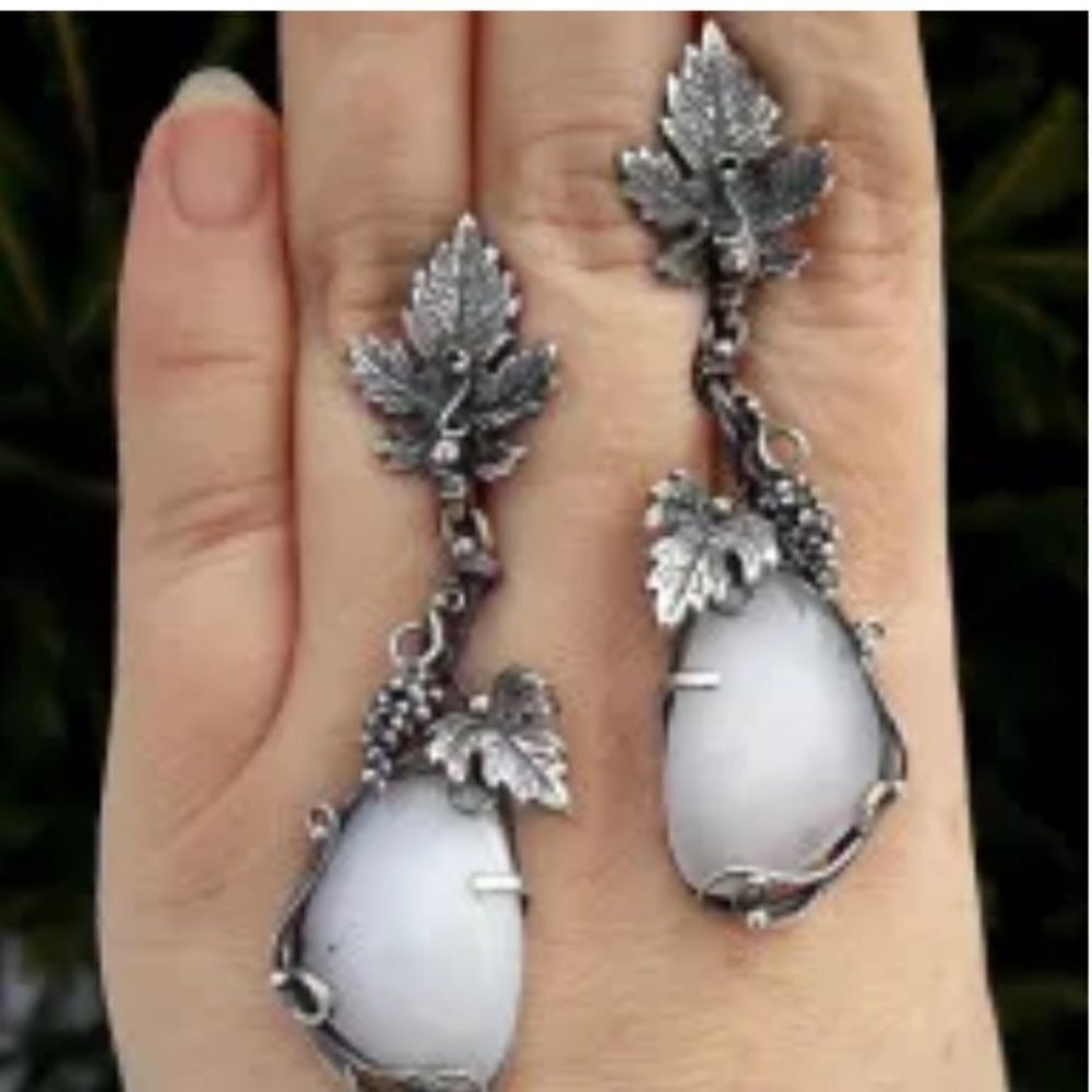 Elegant Silver and Opal Drop Earrings with leaf Vine Intricate Design